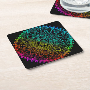 Dessous-de-verre Carré En Papier Mandala Arc-en-ciel noir