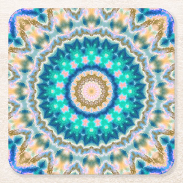 Dessous-de-verre Carré En Papier Mandala jaune turquoise (Devant)