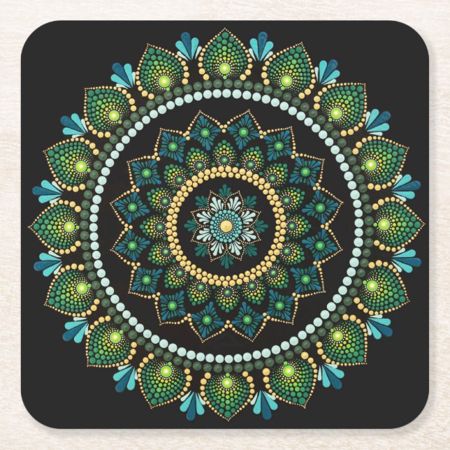 Dessous-de-verre Carré En Papier Mandala vert | Peint main | Géométrie sacrée (Devant)
