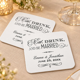 Dessous-de-verre Carré En Papier Manger, boire et être marié Monogramme de mariage