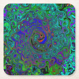 Dessous-de-verre Carré En Papier Marbré Bleu et Abstrait Rétro Tourbillon Aquamarin