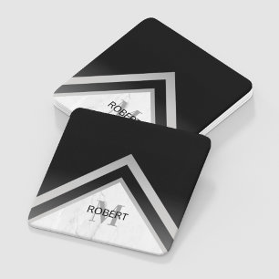 Dessous-de-verre Carré En Papier Marbre d'argent noir monogramme géométrique