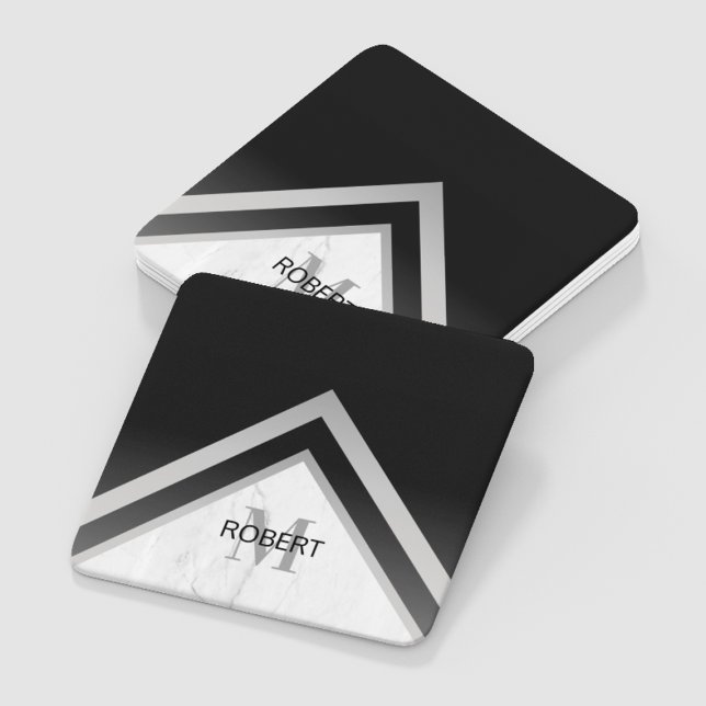 Dessous-de-verre Carré En Papier Marbre d'argent noir monogramme géométrique (Créateur téléchargé)