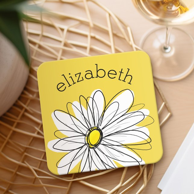 Dessous-de-verre Carré En Papier Marguerite lunaire jaune et blanc avec texte perso (Personalized Coaster with a whimsical daisy)