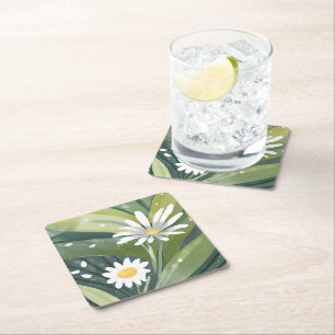 Dessous-de-verre Carré En Papier Marguerites de printemps   Jardin floral blanc aqu