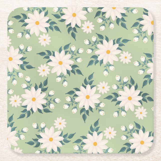 Dessous-de-verre Carré En Papier Marguerites sur l'Arrière - plan vert Pastel (Devant)
