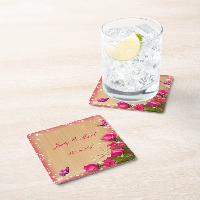 Dessous-de-verre Carré En Papier Mariage à papillon rose bois rustique (En situation)