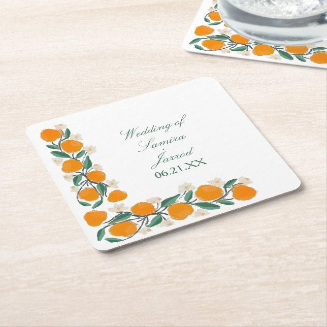 Dessous-de-verre Carré En Papier Mariage Abstrait Botanique Orange Dessiné à la Mai (Incliné)