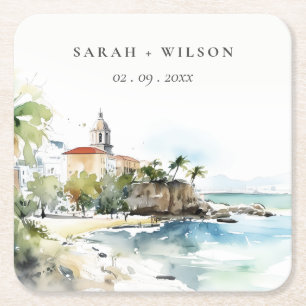 Dessous-de-verre Carré En Papier Mariage aquarelle paysage San Juan Porto Rico