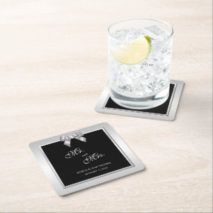 Dessous-de-verre Carré En Papier Mariage Argent Élégant Bijou & Noir