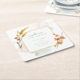 Dessous-de-verre Carré En Papier Mariage aux fleurs sauvages aquarelle Bienvenue or