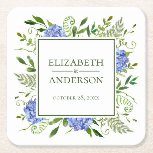 Dessous-de-verre Carré En Papier Mariage aux Hortensias Bleus