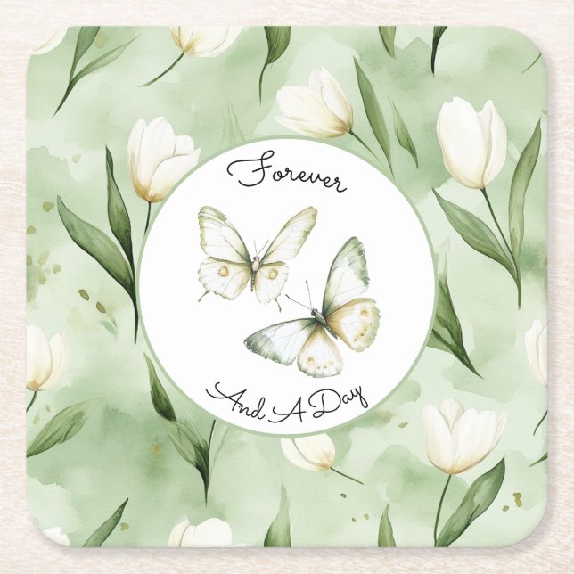 Dessous-de-verre Carré En Papier Mariage aux Tulipes Blanches Vertes Jolis (Devant)