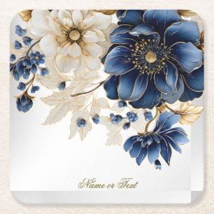 Dessous-de-verre Carré En Papier Mariage Bleu Nuit Blanc Floral Doré Argent