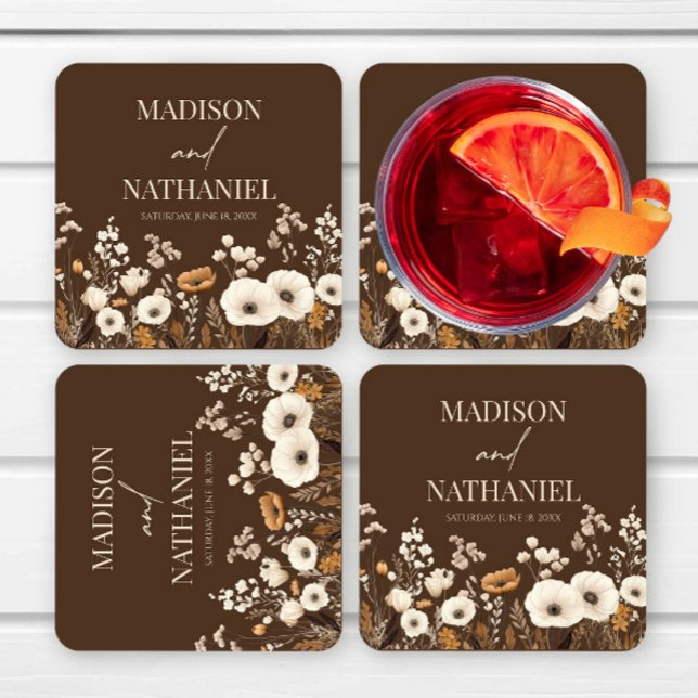 Dessous-de-verre Carré En Papier Mariage Bohème Champêtre Fleurs de Jardin de Fleur (Créateur téléchargé)