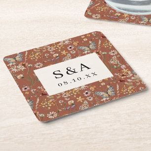 Dessous-de-verre Carré En Papier Mariage Bohème Floral en Terracotta