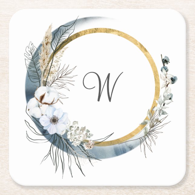 Dessous-de-verre Carré En Papier Mariage Bohème Monogramme Floral Bleu Blanc Or (Devant)