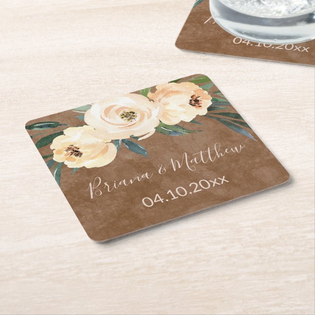 Dessous-de-verre Carré En Papier Mariage Brun Beige Floral (Incliné)