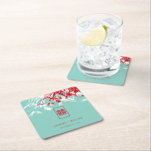 Dessous-de-verre Carré En Papier Mariage chinois Turquoise Bambou Feuille Double Xi