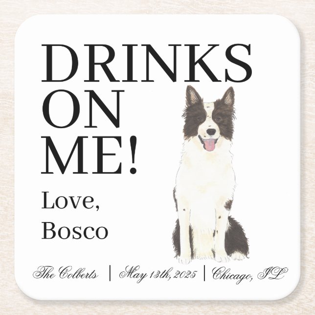 Dessous-de-verre Carré En Papier Mariage Collie Bordure noire et blanche (Devant)