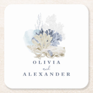Dessous-de-verre Carré En Papier Mariage coquillage bleu plage côtière