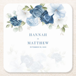 Dessous-de-verre Carré En Papier Mariage d'aquarelle bleu-bleu-bleu à l'Eucalyptus