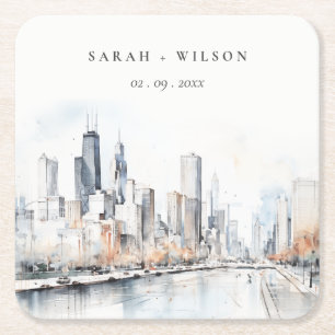 Dessous-de-verre Carré En Papier Mariage d'aquarelle de Chicago, Illinois City Scap