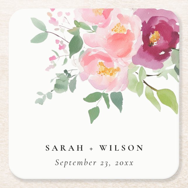 Dessous-de-verre Carré En Papier Mariage d'aquarelle Rose rose-bleu (Devant)
