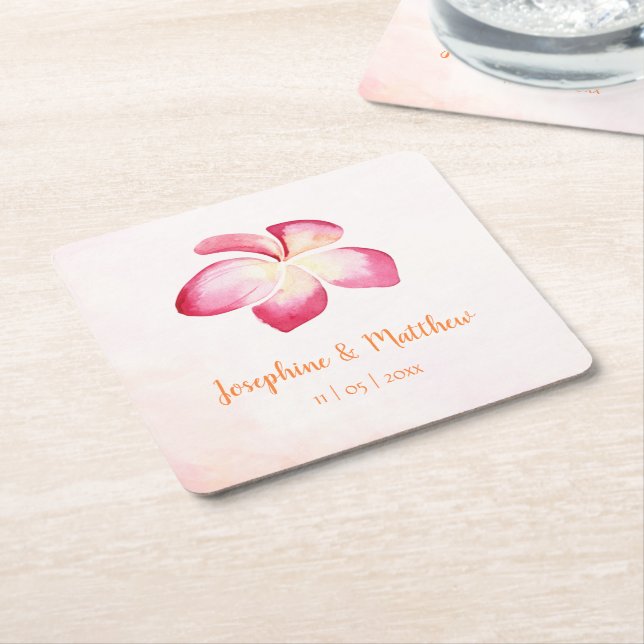 Dessous-de-verre Carré En Papier Mariage d'aquarelle rose Sunset Plumeria (Incliné)