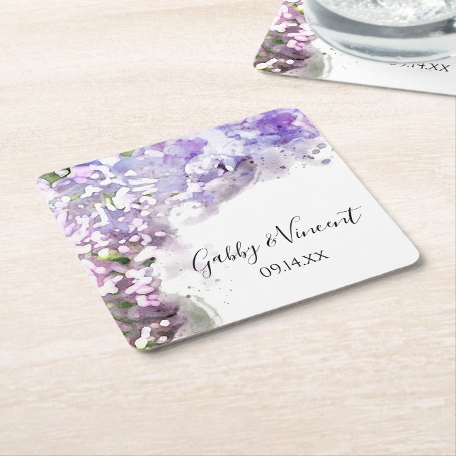 Dessous-de-verre Carré En Papier Mariage d'aquarelle violet Lilac Fleurs (Incliné)