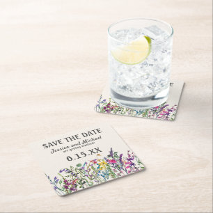 Dessous-de-verre Carré En Papier Mariage Date de sauvegarde Aquarelle Fleurs sauvag