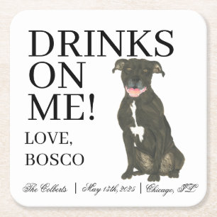 Dessous-de-verre Carré En Papier Mariage de chien Pitbull noir personnalisé