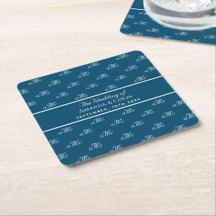 Dessous-de-verre Carré En Papier Mariage de couple de monogrammes blancs bleu marin