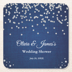 Dessous-de-verre Carré En Papier Mariage de couple en denim bleu avec diamants et p