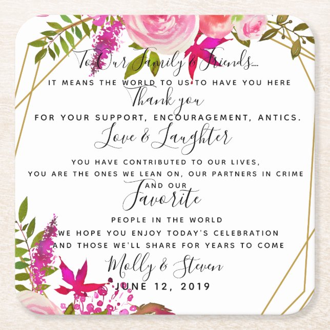 Dessous-de-verre Carré En Papier mariage de cristaux rose/Merci mariage (Devant)