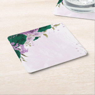 Dessous-de-verre Carré En Papier mariage de fleurs violettes vert émeraude