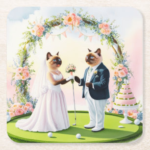 Dessous-de-verre Carré En Papier Mariage de golf à thème pour Amoureux de les chats