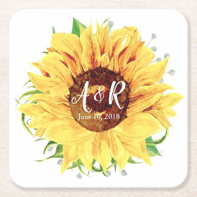 Dessous-de-verre Carré En Papier Mariage de monogramme de tournesol jaune (Devant)