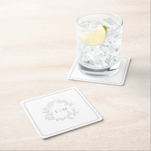Dessous-de-verre Carré En Papier Mariage de monogramme moderne Dusty Blue Leafy Cre