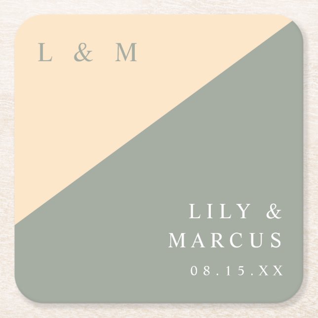 Dessous-de-verre Carré En Papier Mariage De Monogramme Vert Sage Minimaliste Et De  (Devant)