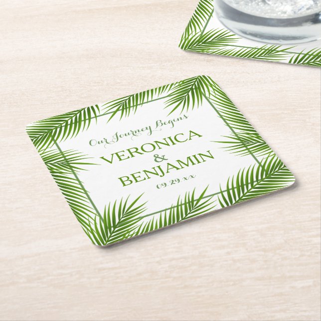 Dessous-de-verre Carré En Papier Mariage de plage Feuille de palme tropical (Incliné)