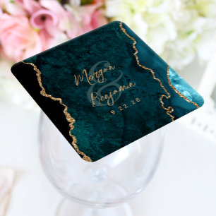 Dessous-de-verre Carré En Papier Mariage de script turquoise Blue Agate Gold