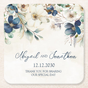 Dessous-de-verre Carré En Papier Mariage d'hiver floral bleu élégant