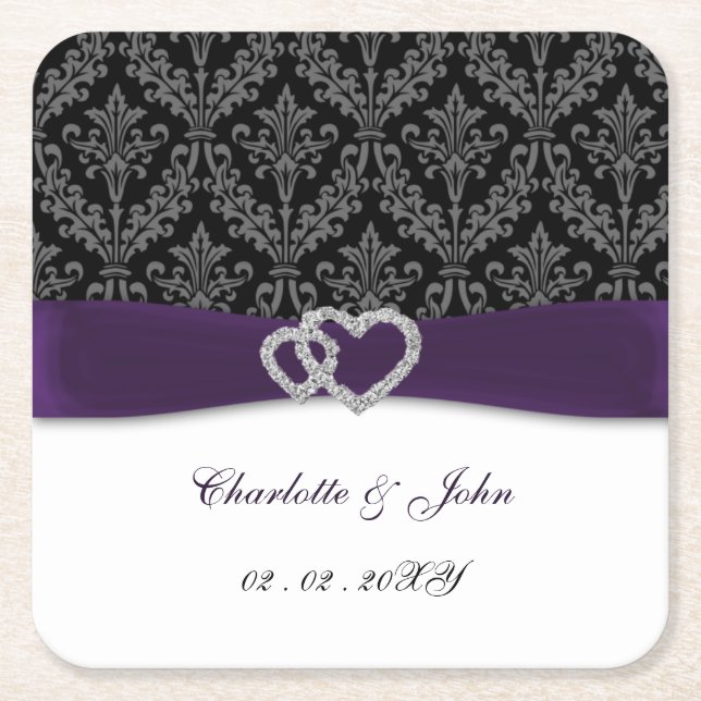 Dessous-de-verre Carré En Papier Mariage Diamante Damas Violet (Devant)