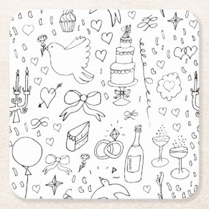 Dessous-de-verre Carré En Papier Mariage d'illustrations de Doodle en noir et blanc