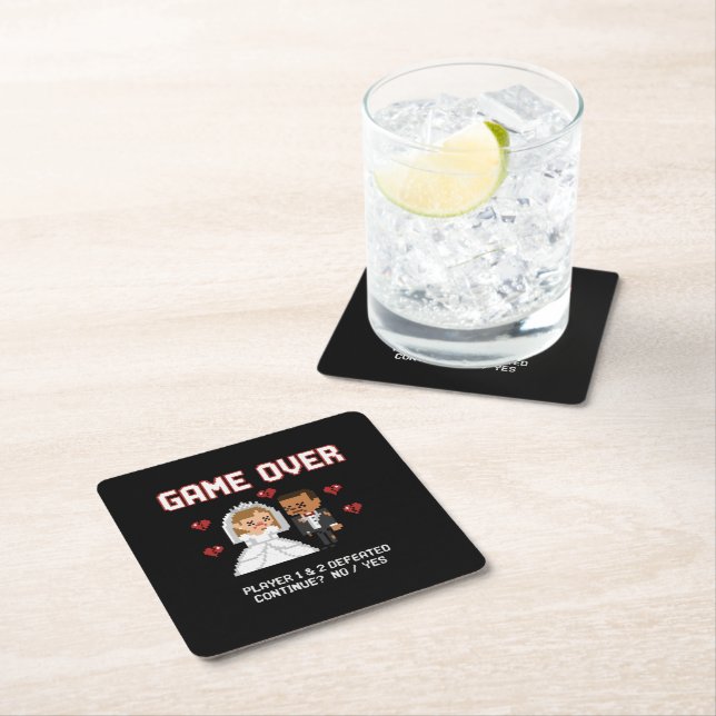 Dessous-de-verre Carré En Papier Mariage drôle de joueur rétro "Game Over" en pixel (En situation)