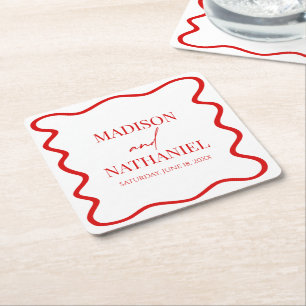 Dessous-de-verre Carré En Papier Mariage Élégant à Bordure Ondulée Rouge Blanc