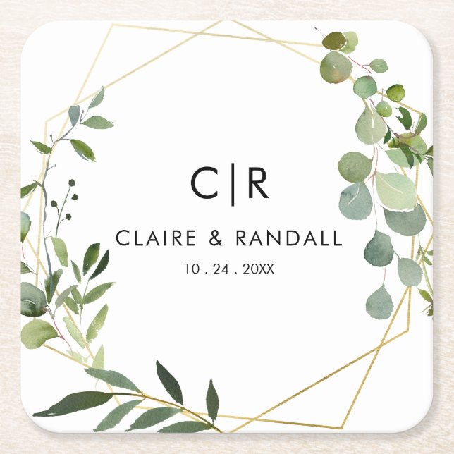Dessous-de-verre Carré En Papier Mariage Eucalyptus vert géométrique or (Devant)