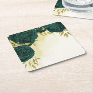 Dessous-de-verre Carré En Papier Mariage fleuri en or vert émeraude