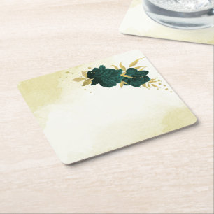 Dessous-de-verre Carré En Papier Mariage fleuri en or vert émeraude